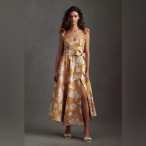 V. Chapman Vera Ruffle-Strap Corset Side-Slit Midi Dress